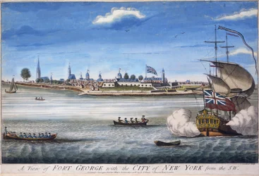 Vista de Fort George con la ciudad de Nueva York desde el suroeste, grabado por John Carwitham, ca. 1764